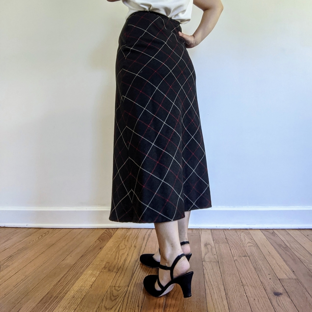 Vintage Midi Plaid Wool Skirt - Long, Fully Lined